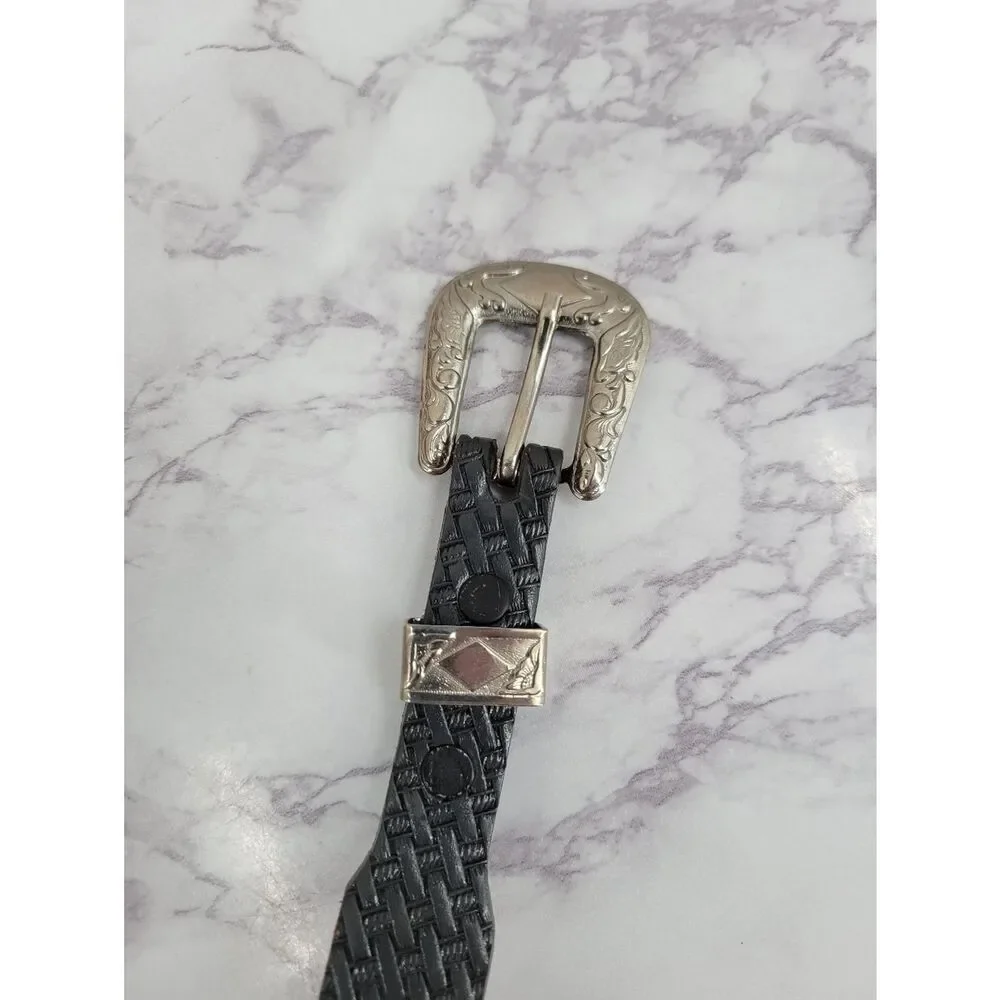 Gray Leather Basket Weave Embossed Belt with Red Lace Accent and Conchos